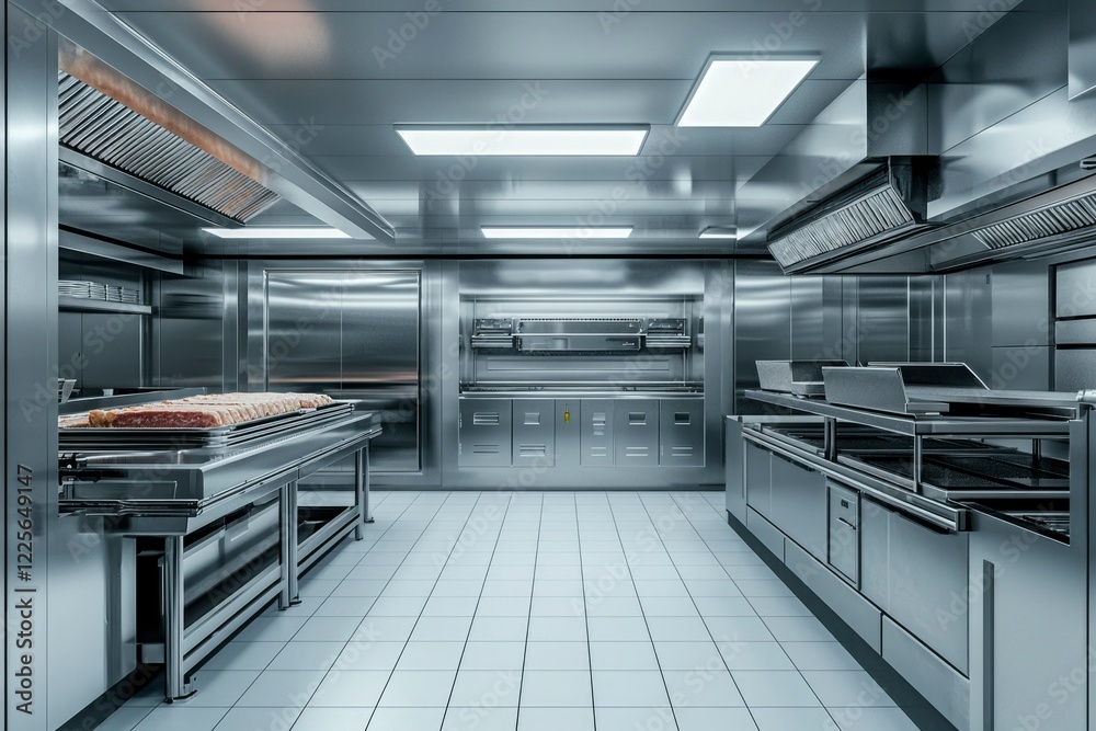 Obraz premium Modern Stainless Steel Commercial Kitchen Interior Design