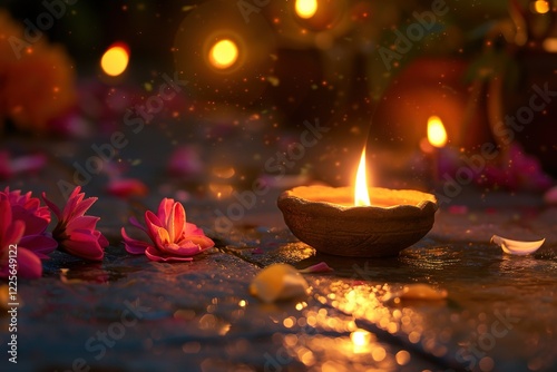 Picture of a diwali deep is a small lamp that is lit especially at diwali with floor decoration photo