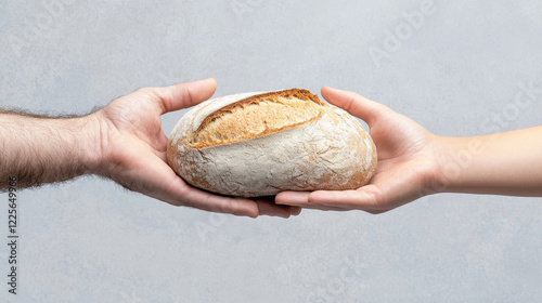 Sharing a Loaf of Artisan Bread - Sharing, generosity, community, nourishment, and connection symbolized through the simple act of passing a freshly baked loaf of bread. photo