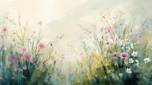 Fototapeta Naklejka Na Ścianę i Meble -  ethereal watercolor garden scene with delicate wildflowers swaying in morning light, soft pastel hues blending into misty background, loose brushstrokes creating dreamy atmosphere