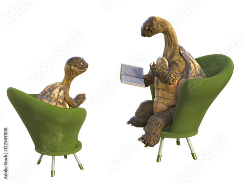 A father turtle reading a book to his young son, while sitting in a comfortable green armchair. 3D illustration on transparent background. 