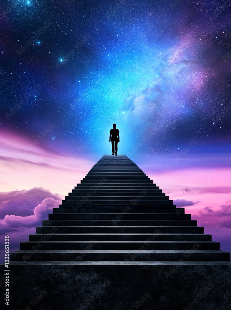 Stairway to the Cosmos - A lone figure stands atop a long staircase ascending into a vibrant, starlit sky. A surreal and inspiring image. Stairway to the Cosmos - A lone figure stands atop a long staircase ascending into a vibrant, starlit sky. A surreal and inspiring image.