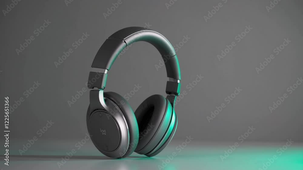 A sleek and modern 4K animation showcasing a pair of wireless headphones rotating gracefully around themselves against a minimalist gray and green background. 