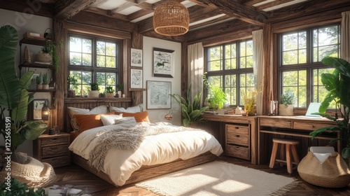 Cozy Rustic Bedroom with Natural Light and Wooden Decor Elements
