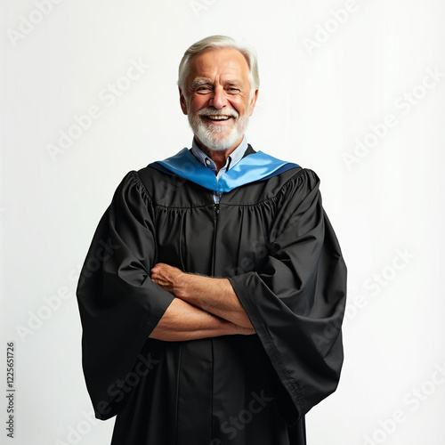 Graduate student wearing gown looking happy