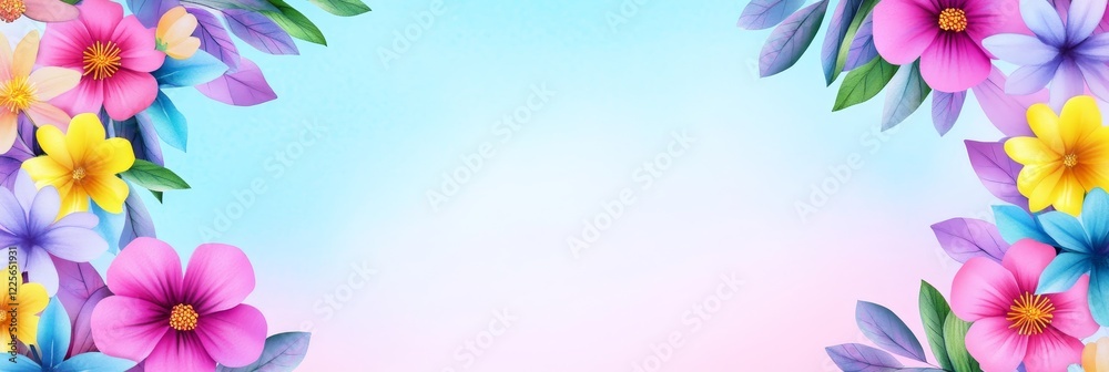 Fototapeta premium Vibrant Floral Banner Design - Colorful watercolor flowers frame a pastel background, perfect for spring or summer themes.