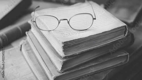 Stack of old books with glasses on top, monochrome.