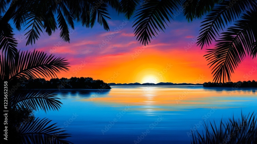 Obraz premium Vibrant Sunset Over Tropical Waters - Serene sunset scene over calm tropical waters, viewed through lush palm fronds. Perfect for travel, vacation, or relaxation themes.