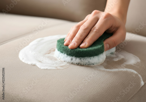 Cleaning a beige sofa with a sponge and foam cleaner in a bright living room during the afternoon