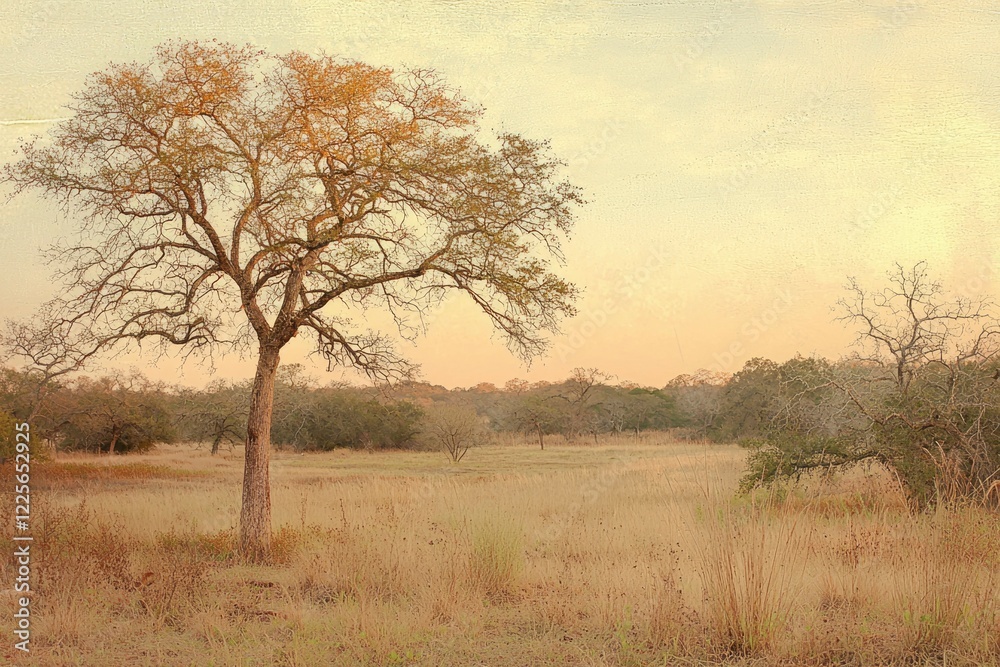 Lone Tree in Golden Grassland Sunset Scene Lone Tree in Golden Grassland Sunset Scene