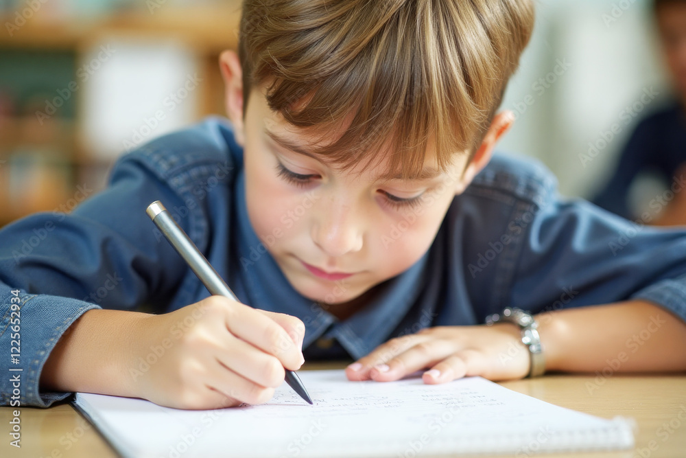 Focused boy writing in notebook at school, dedication to learning_ Focused boy writing in notebook at school, dedication to learning_