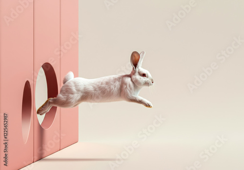 White rabbit jumping through a circular hole in a pink structure against a neutral background photo