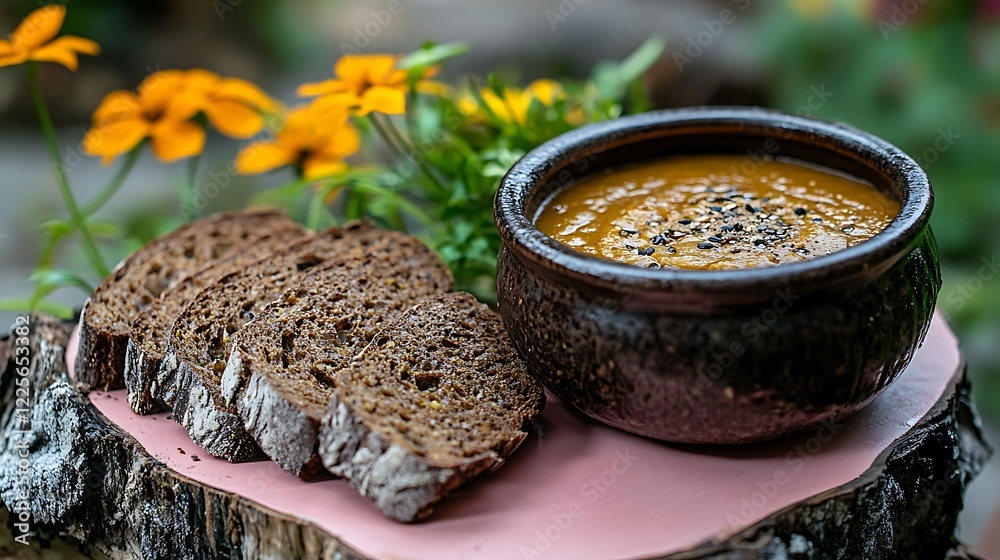Fototapeta premium Rustic pumpkin soup on a pink board with sliced rye bread and cumin seeds