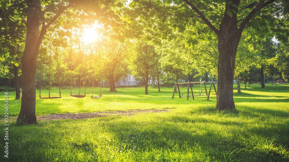 Sunny Park Swings Under Lush Green Trees Sunny Park Swings Under Lush Green Trees
