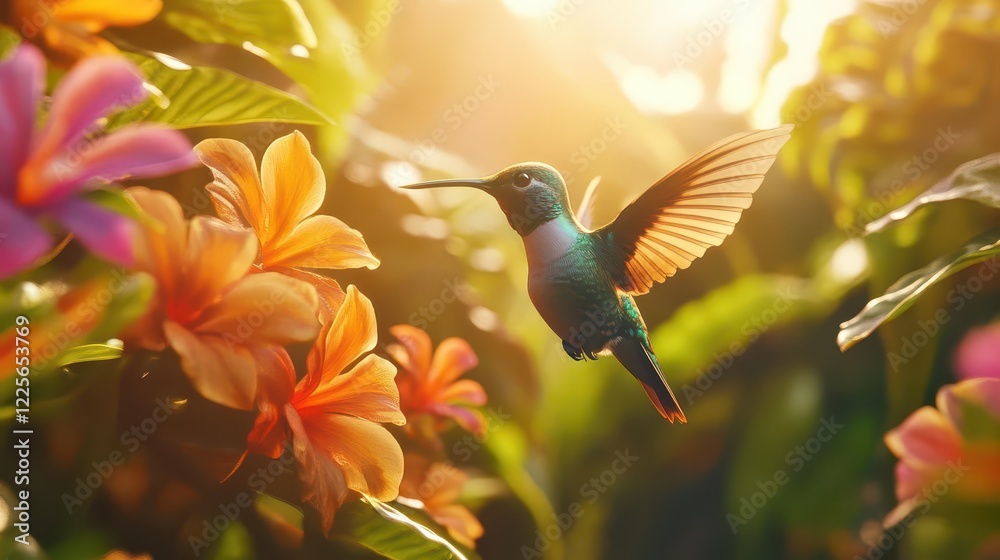 Fototapeta premium iridescent hummingbird mid-flight, capturing rainbow colors in sunlight, hovering near exotic tropical flowers
