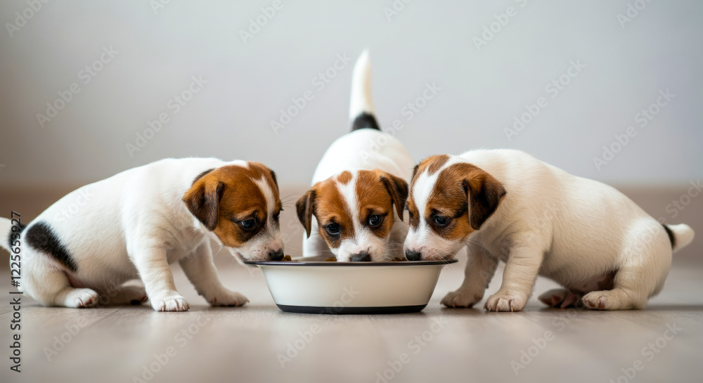 Three playful puppies enjoying their meal together in a cozy indoor space during the afternoon Three playful puppies enjoying their meal together in a cozy indoor space during the afternoon