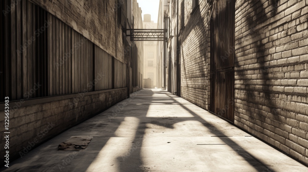 Sunlit urban alleyway with aged brick walls, metal gates, and shadows cast on the ground. Sunlit urban alleyway with aged brick walls, metal gates, and shadows cast on the ground.