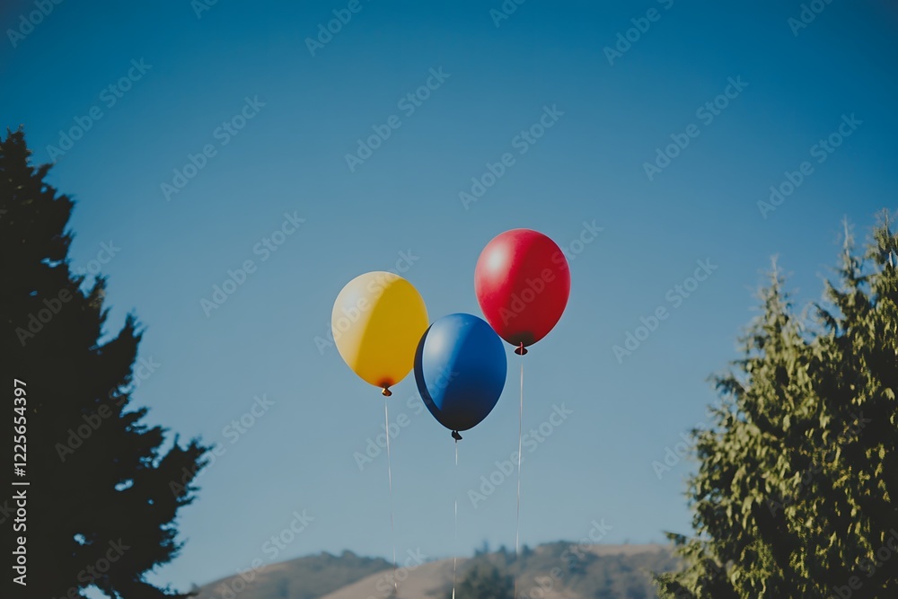 Obraz premium Three Colorful Balloons Floating in Blue Sky
