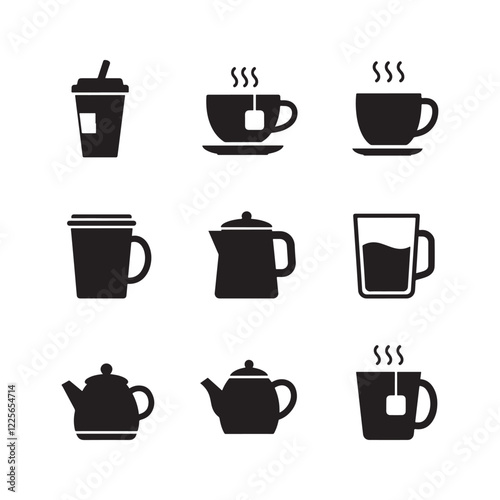 coffee mug tea cup and kettle pot icon collection set silhouette vector flat design element