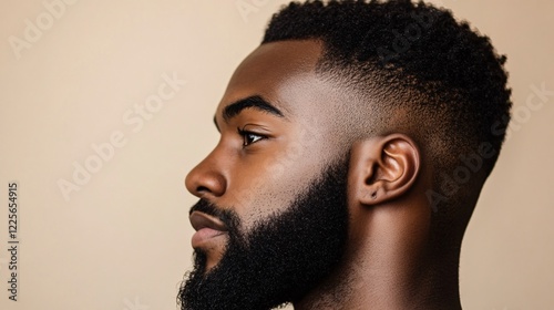 Portrait of a stylish young black man with a trendy haircut and beard in a studio setting