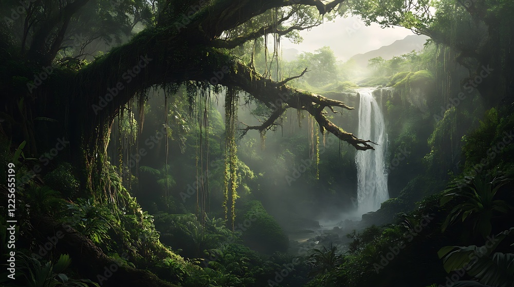 Fototapeta premium A misty rainforest with thick vegetation, hanging vines, and the distant sound of a waterfall
