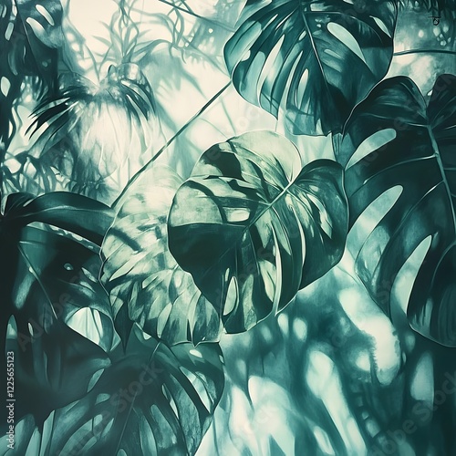 Serene Teal Monstera Leaves Botanical Art Print