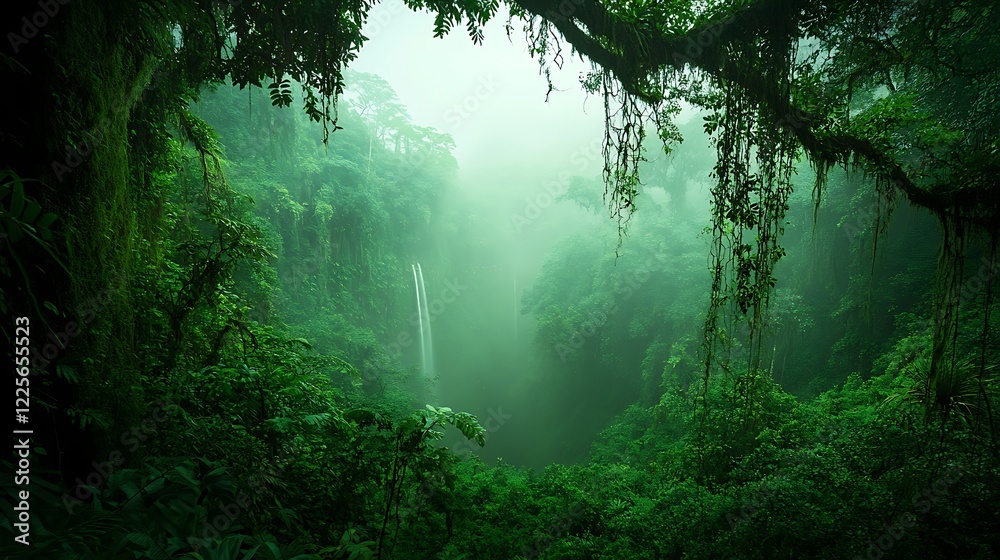 Fototapeta premium A misty rainforest with thick vegetation, hanging vines, and the distant sound of a waterfall