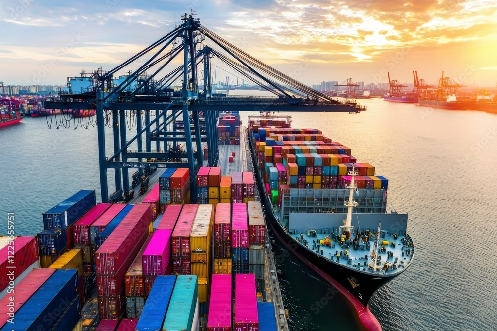 Naklejka premium Container Ship Docking at Sunset Global Trade