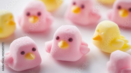 Marshmallow candies in the shape of chicks of pink and yellow colors photo