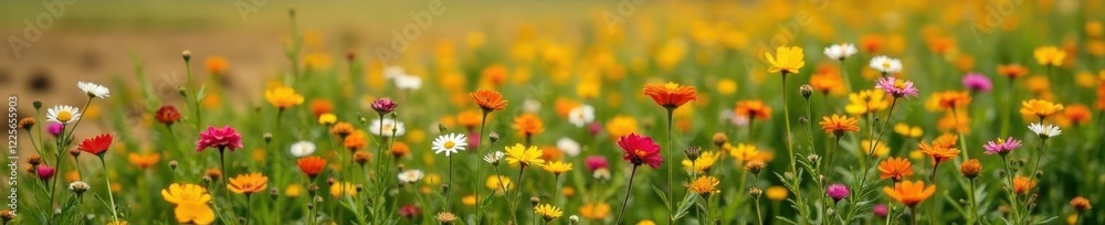Wildflowers blooming in a field with a plowed background, earthy tones, rustic Wildflowers blooming in a field with a plowed background, earthy tones, rustic