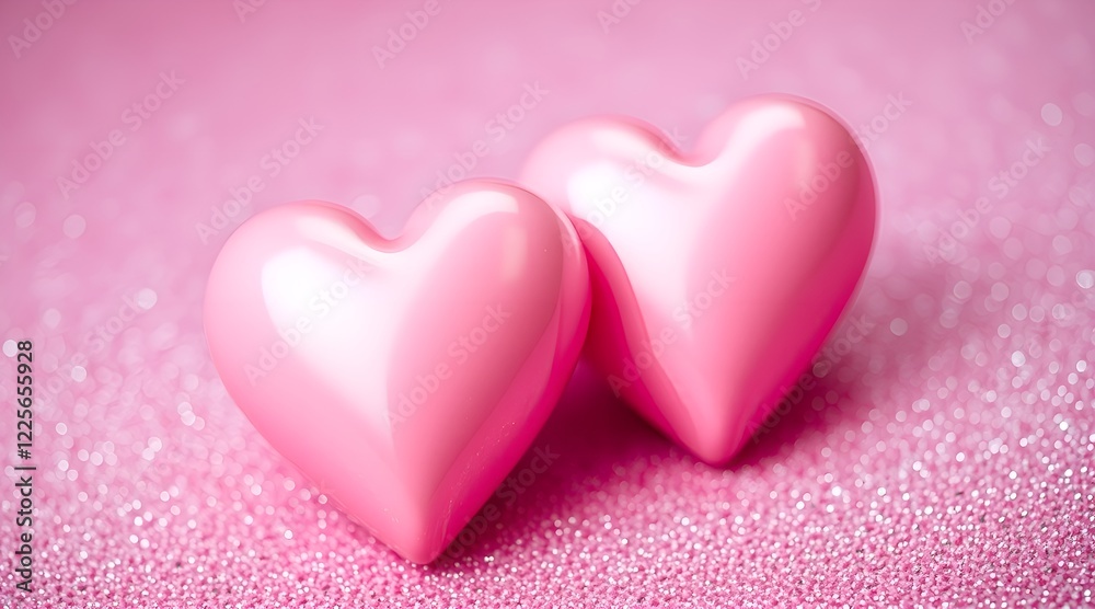 Valentine's Day Concept: Two Hearts on Pink Glitter with a Shiny Background Valentine's Day Concept: Two Hearts on Pink Glitter with a Shiny Background