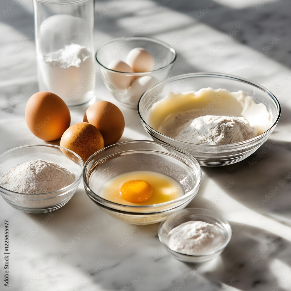 Baking Essentials: A pristine countertop bathed in soft light presents the essential ingredients for baking - eggs, flour, and baking powder - arranged in glass bowls. Baking Essentials: A pristine countertop bathed in soft light presents the essential ingredients for baking - eggs, flour, and baking powder - arranged in glass bowls.
