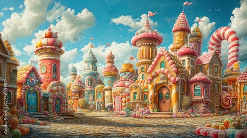 A vibrant city made of candy and sweets, with whimsical architecture and cheerful inhabitants, a land of joy and fantasy 