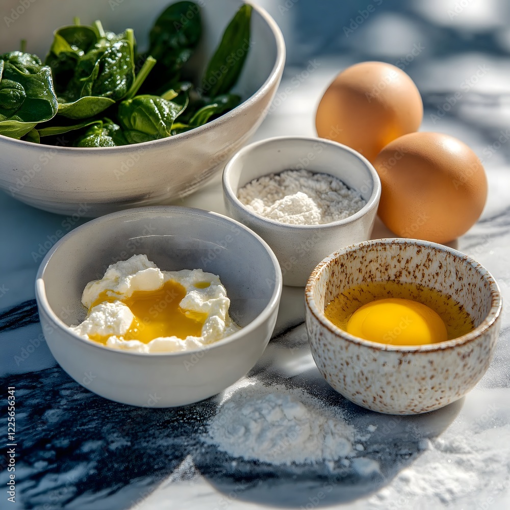 Spinach and Ricotta Filling Preparation: A sunlit culinary scene showcasing fresh spinach, ricotta cheese, eggs, and flour, arranged on a marble surface, ready for a delicious recipe. Spinach and Ricotta Filling Preparation: A sunlit culinary scene showcasing fresh spinach, ricotta cheese, eggs, and flour, arranged on a marble surface, ready for a delicious recipe.
