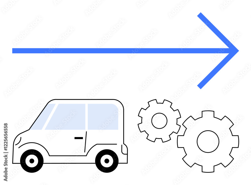 Car, gears, and a large right-pointing arrow suggesting technology and innovation. Ideal for technology, automation, automotive innovation, progress, future mobility engineering mechanics. Line Car, gears, and a large right-pointing arrow suggesting technology and innovation. Ideal for technology, automation, automotive innovation, progress, future mobility engineering mechanics. Line