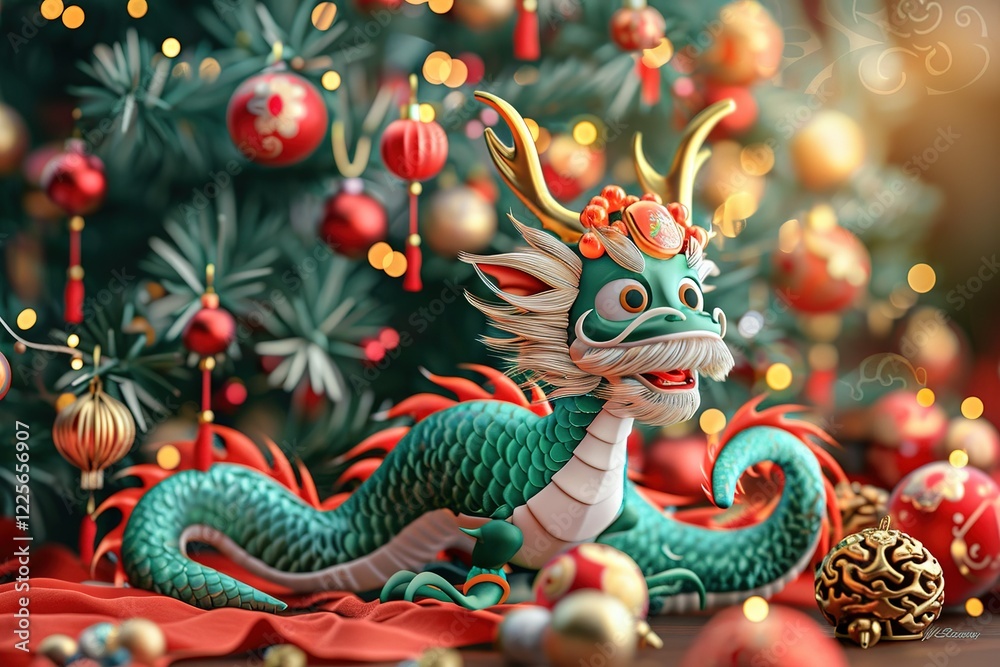 Fototapeta premium Chinese New Year of the Dragon 2024. New Year's poster with a cartoon 3d dragon on the background of a Christmas tree. Vector illustration of a dragon at the Christmas tree with toys. Generative ai