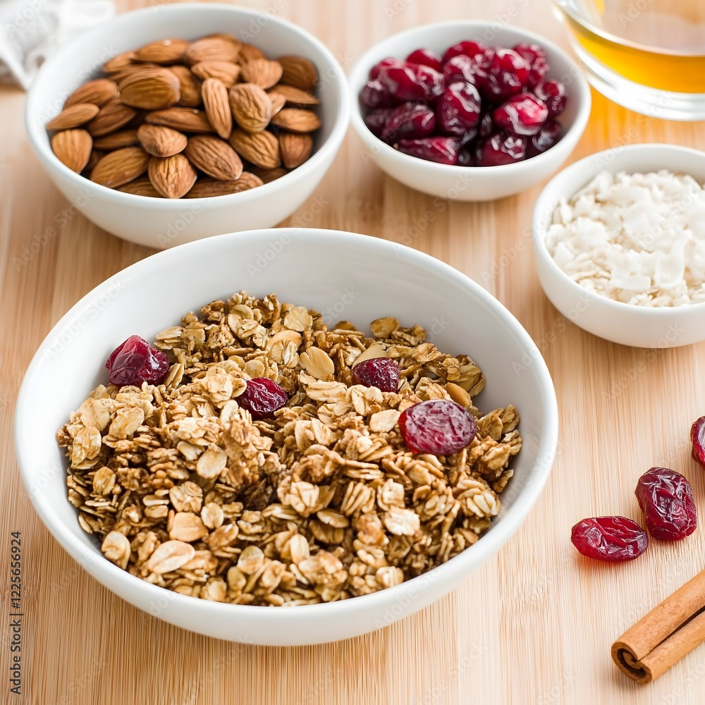Cranberry Almond Granola Bowl: A rustic, appetizing overhead shot of a bowl of homemade granola, studded with cranberries and almonds, alongside bowls of the ingredients. The warm. Cranberry Almond Granola Bowl: A rustic, appetizing overhead shot of a bowl of homemade granola, studded with cranberries and almonds, alongside bowls of the ingredients. The warm.