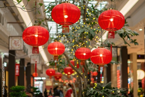 Chinese New year red paper lantern decoration in shopping mall photo