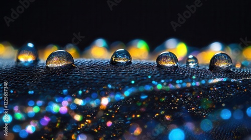 microscopic view of hydrophobic nanofiber mesh with iridescent water beads rolling across its surface, illuminated by precision lighting to highlight technical properties photo