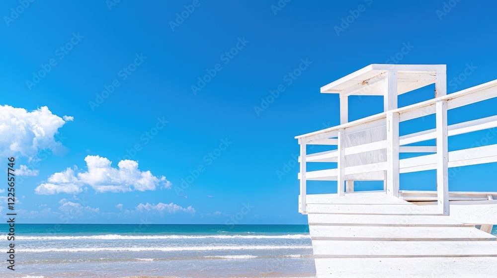 Fototapeta premium White beach lifeguard tower, sunny sky, ocean view, summer vacation