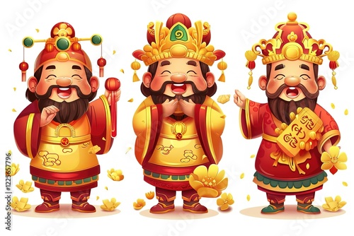 Collection set of cartoon cute god of wealth holding different chinese elements with gold ingot and spring couplet. photo