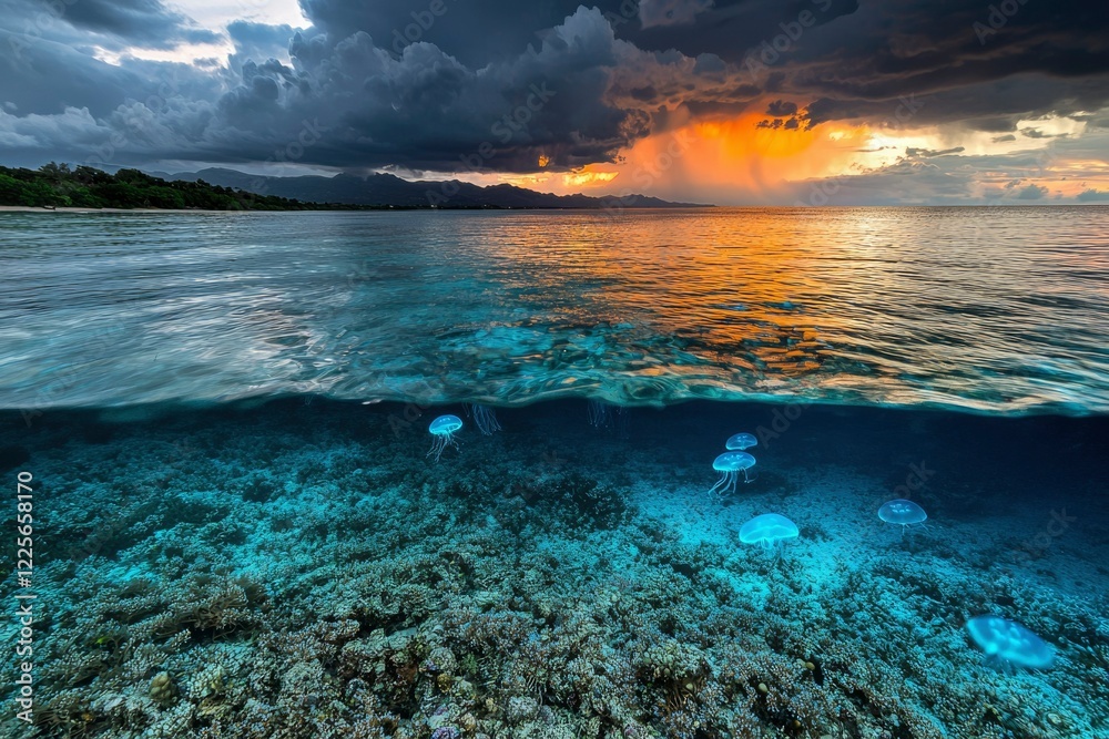 Fototapeta premium Dramatic Sunset Over Ocean With Jellyfish Below