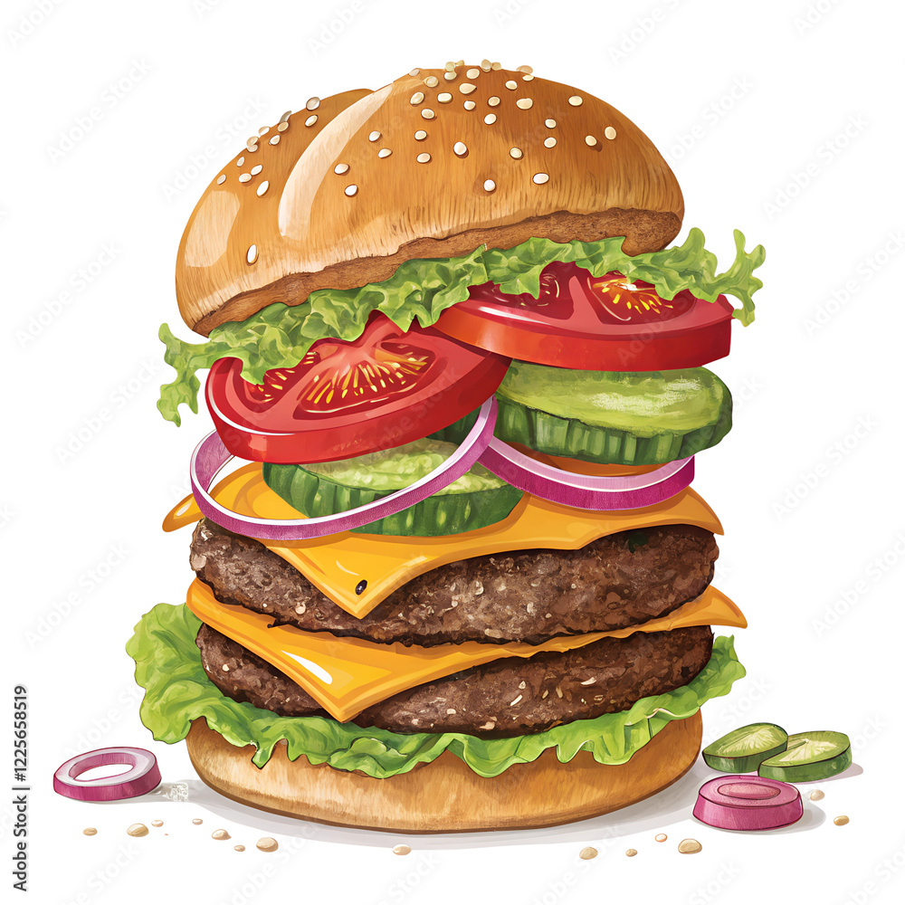 A colorful burger with layers of meat, lettuce, and tomato A colorful burger with layers of meat, lettuce, and tomato