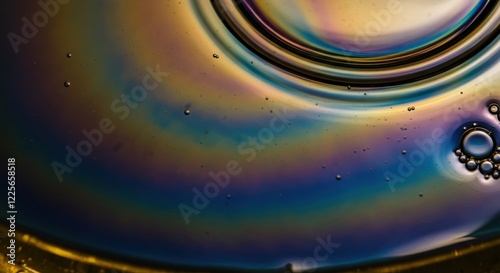 Colorful oil slick with iridescent pattern and bubbles on surface
