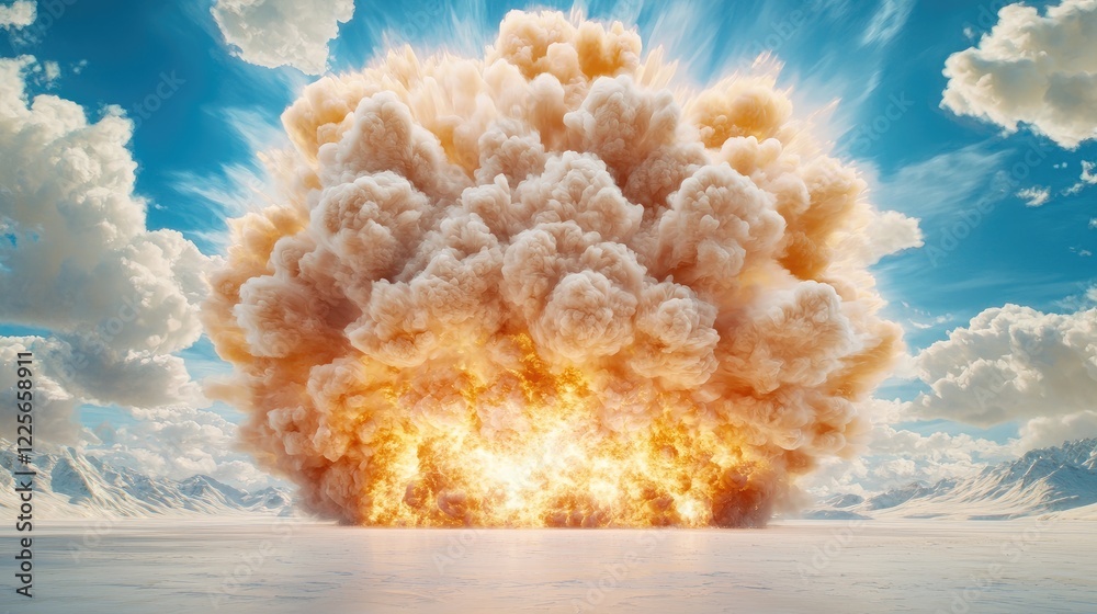 Massive explosion, arctic landscape, fiery cloud, environmental disaster, stock photo