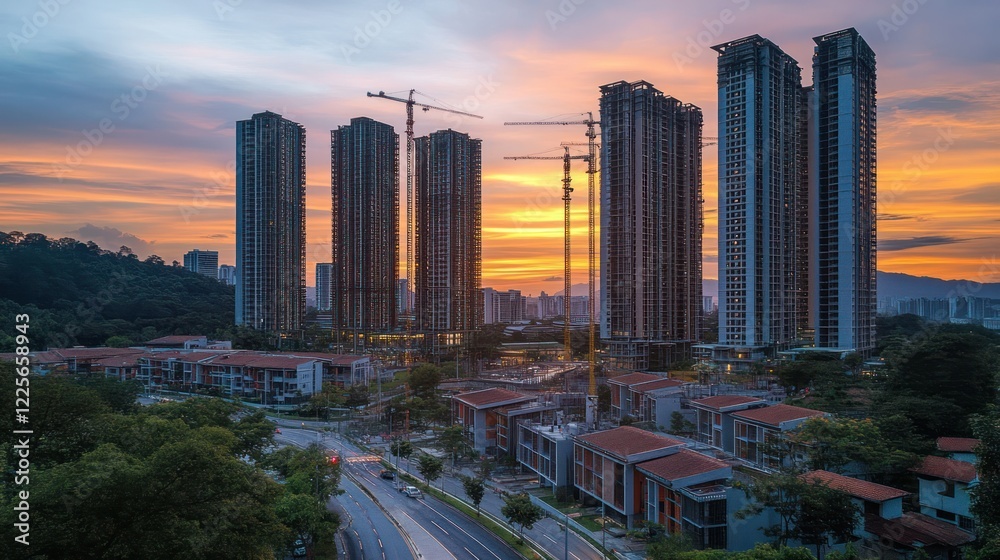 Fototapeta premium Skyscrapers under construction during a vibrant sunset