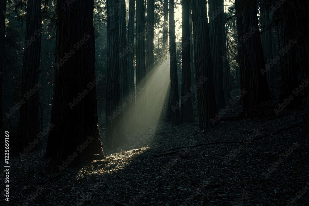 Obraz premium Sunbeams Illuminate Redwood Forest Floor