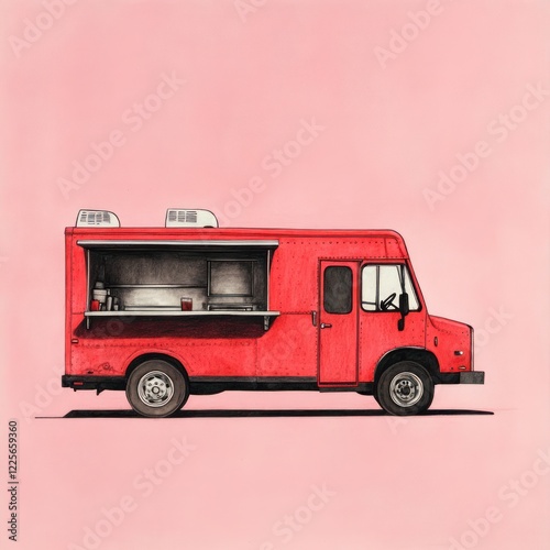 Red food truck illustration on pink background