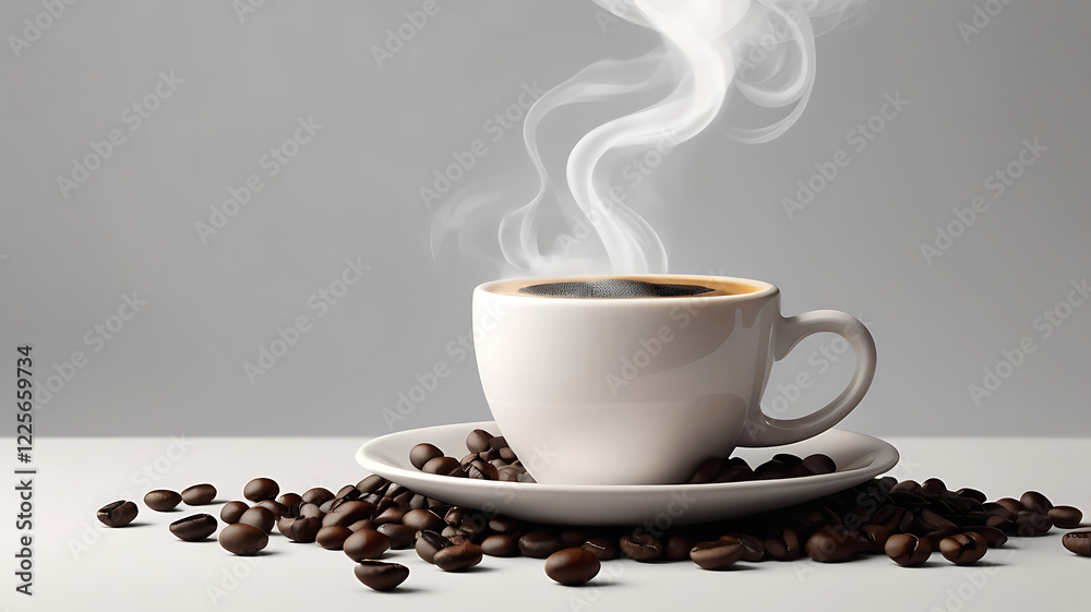 Obraz premium Close up of steaming espresso beauty cup with dark roasted beans for a rich hot coffee aesthetic on background.