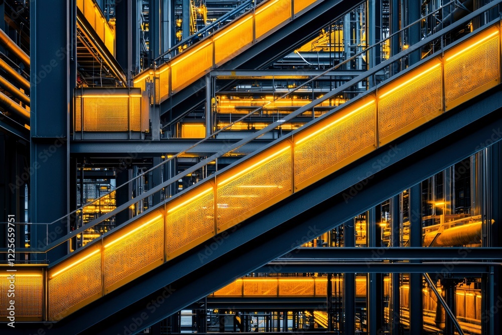 Fototapeta premium Illuminated Industrial Staircase Modern Architecture Design